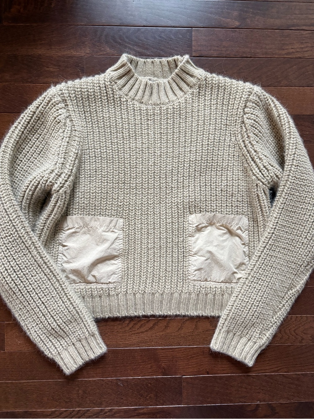 Zara Chunky Knit Cropped Utility Sweater Beige Cream Pockets Medium